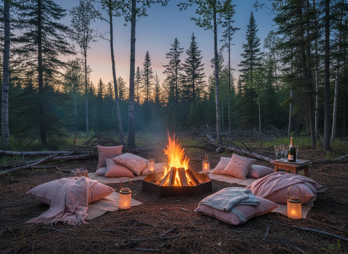 Feu de camp glamour boréal au cœur de la forêt